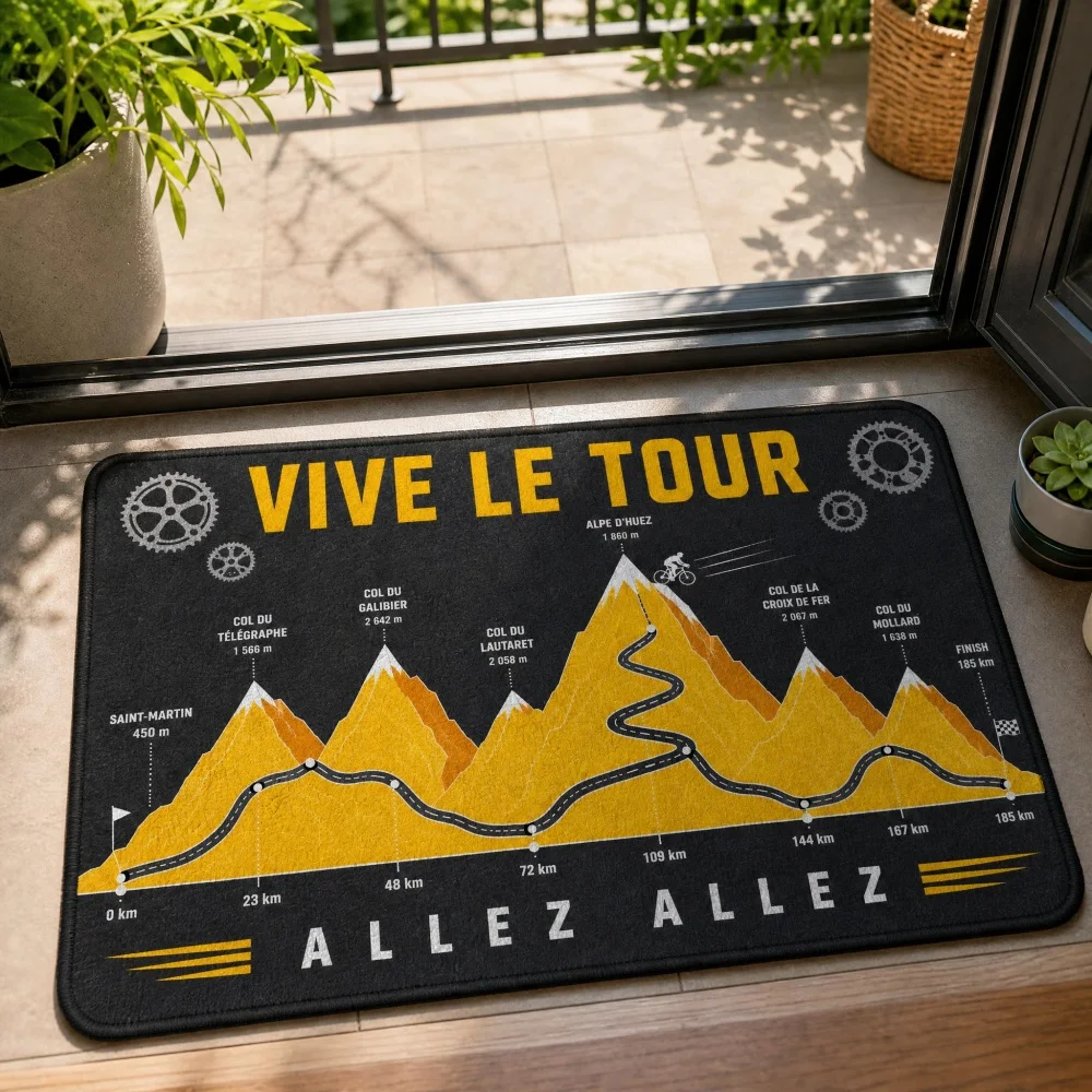Vintage Cycling Mountain Route Flannel Doormat, Non Slip Indoor Entrance Floor Mat, Bike Rider Themed Area Rug, Multiple Sizes