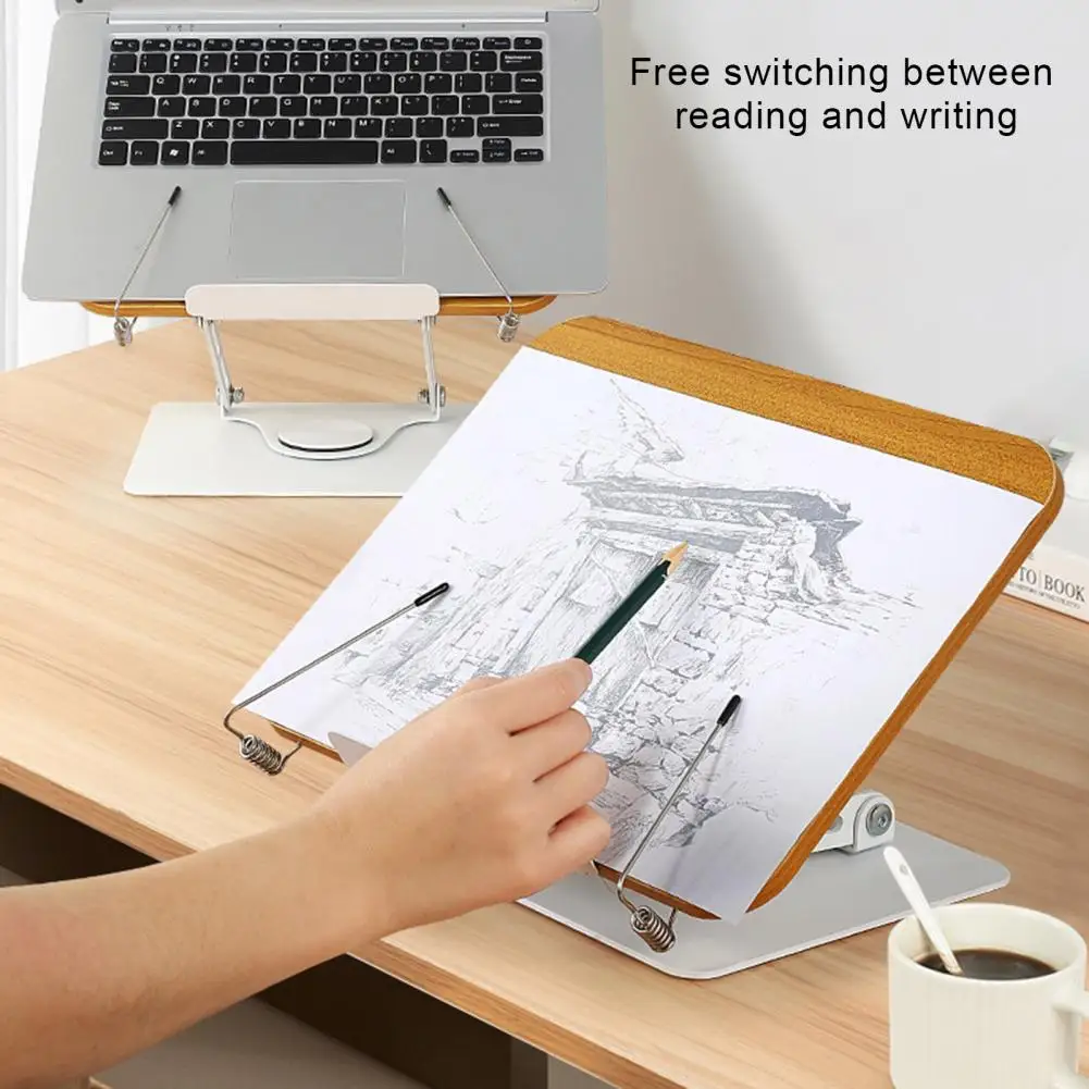 Ergonomiczny stojak do czytania Regulowany drewniany stojak na książki 360°° Obrotowa podstawa Elastyczne klipsy do stron do czytania przepisów na nuty
