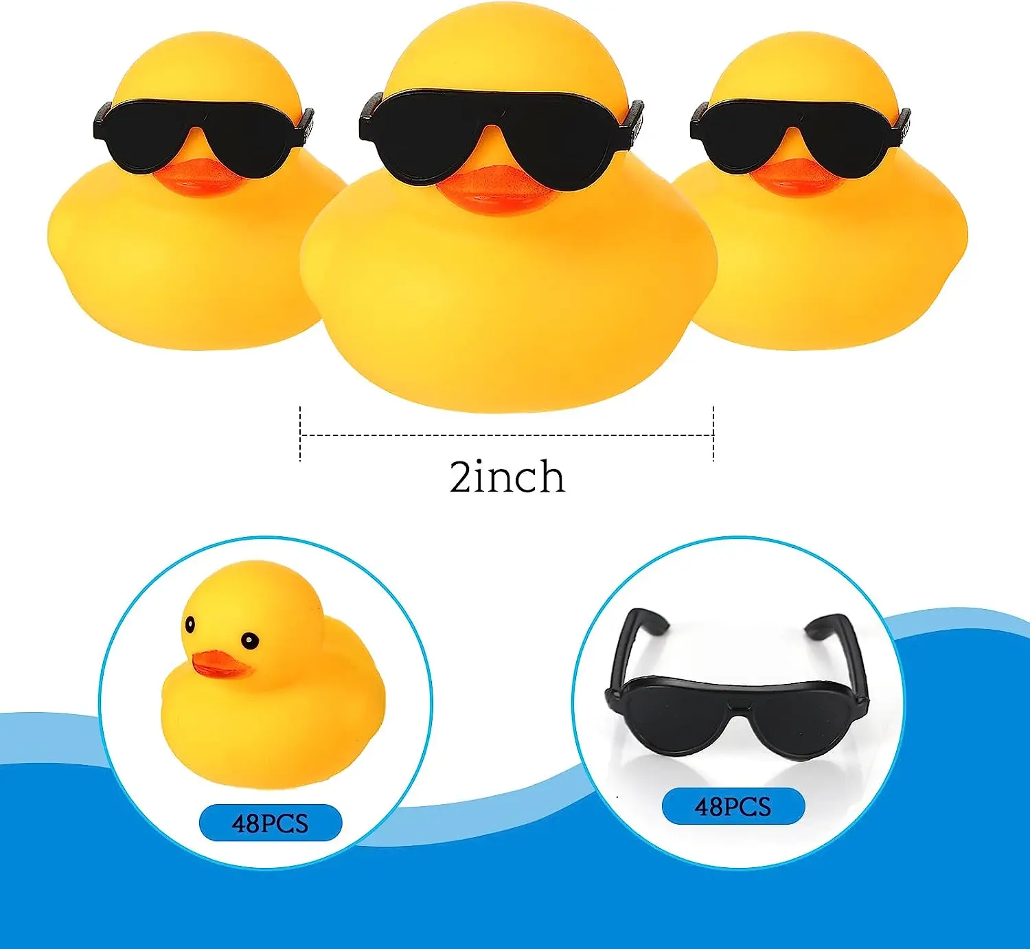 48 PCS Mini Yellow Duck Car Dashboard Decorations Squeak Duck Toy with Sunglasses for Adult Kid Bath Duck Teaching Party Gift