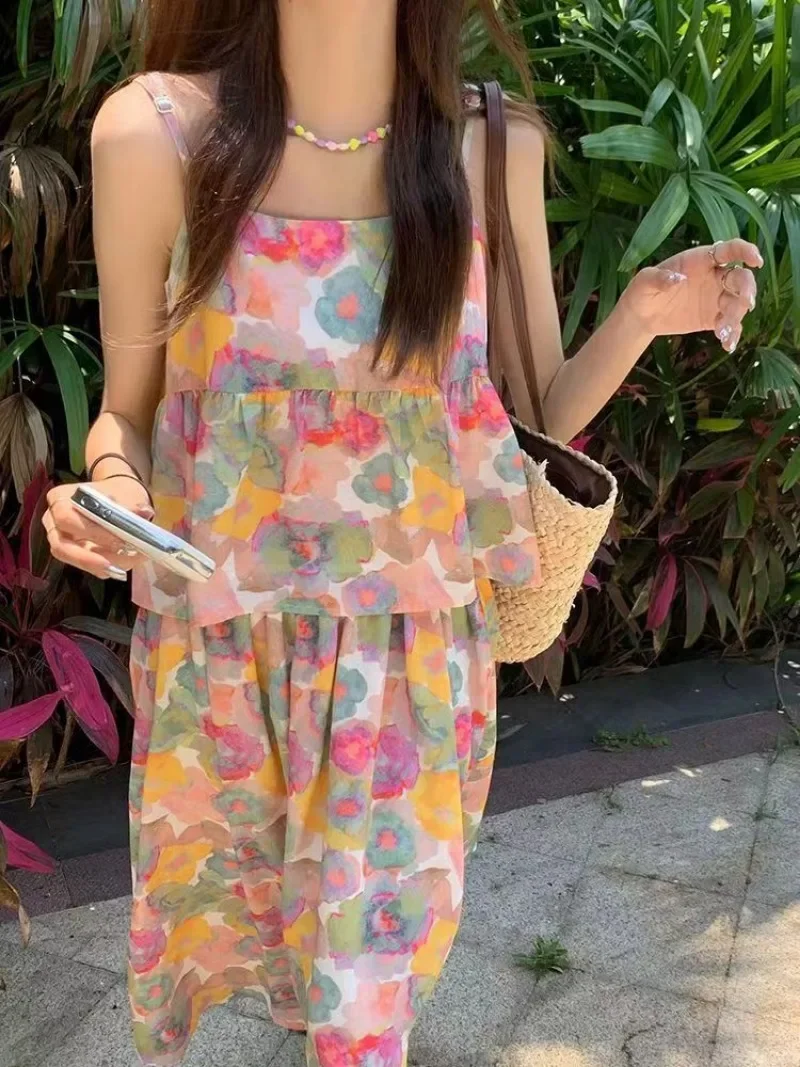 Summer Tie Dye Skirts Set Women Two Piece Vest Sling Floral Skirt Suits Vacation Beachwear Sweet Girls Clothing New Casual Dress