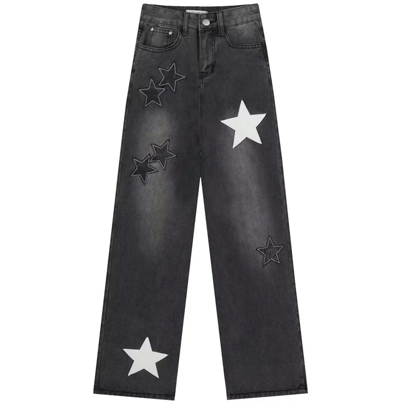

Retro American Star Embroidery Jeans Men's Loose Straight Leg Trousers Women's High Street Fashion Casual Long Pants