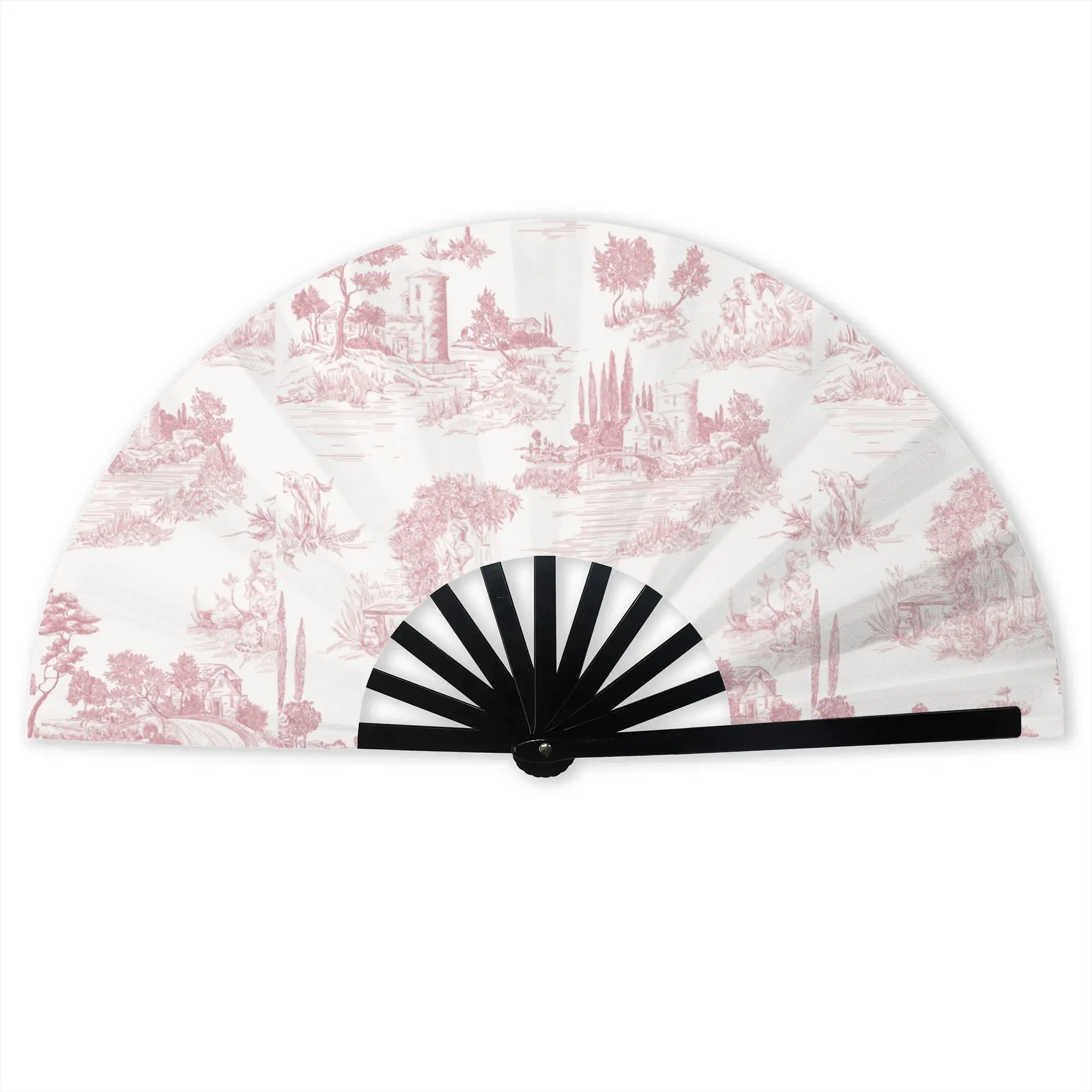 Vintage Toile De Jouy Folding Hand Fan Blush Pink White Polyester Fabric Fan Cool Summer Accessory Decorative Fans
