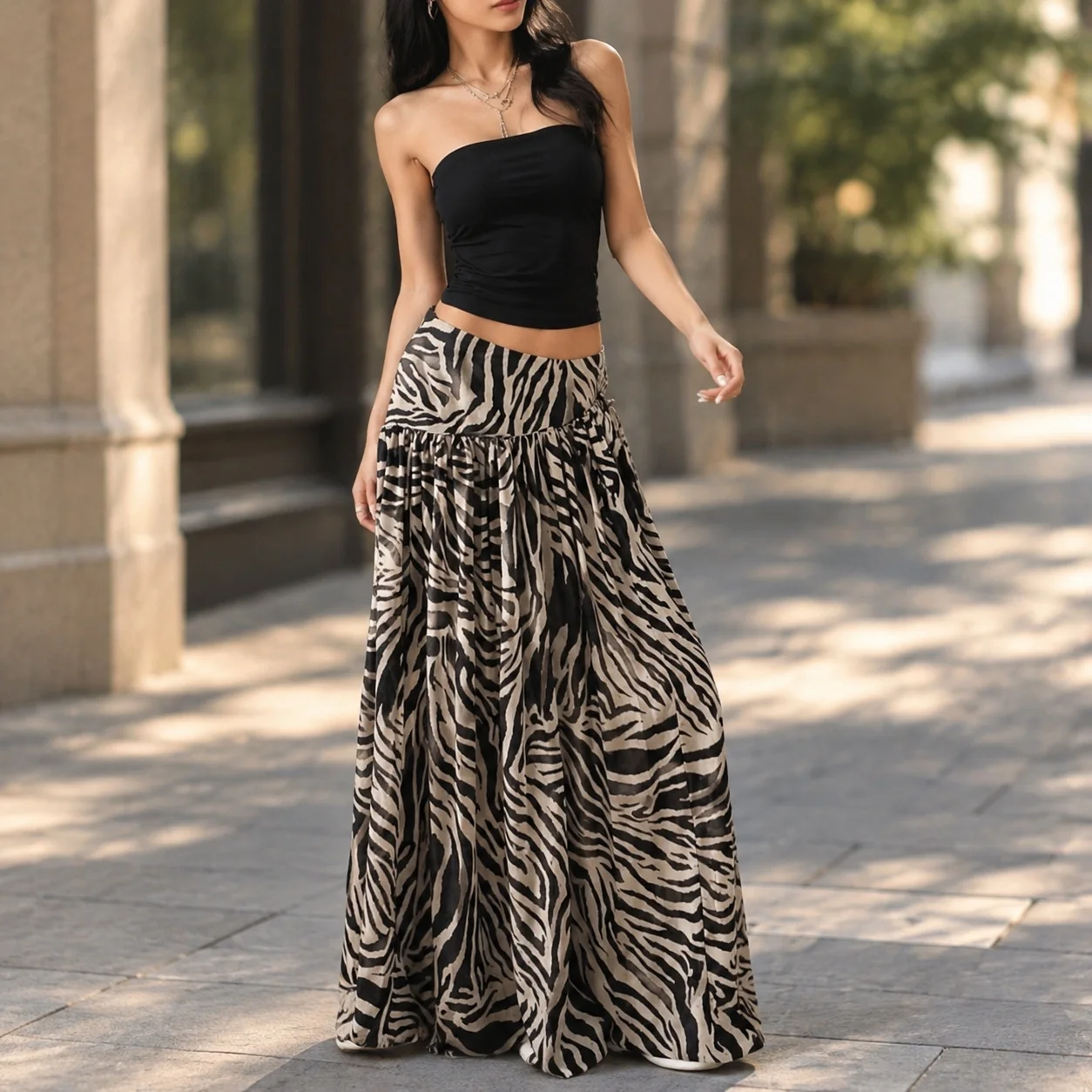 Spot Pattern Printed Skirt Long Street Style with Digital Print Streetwear Puff Elastic Waist Autumn Y2K Skirt for Women