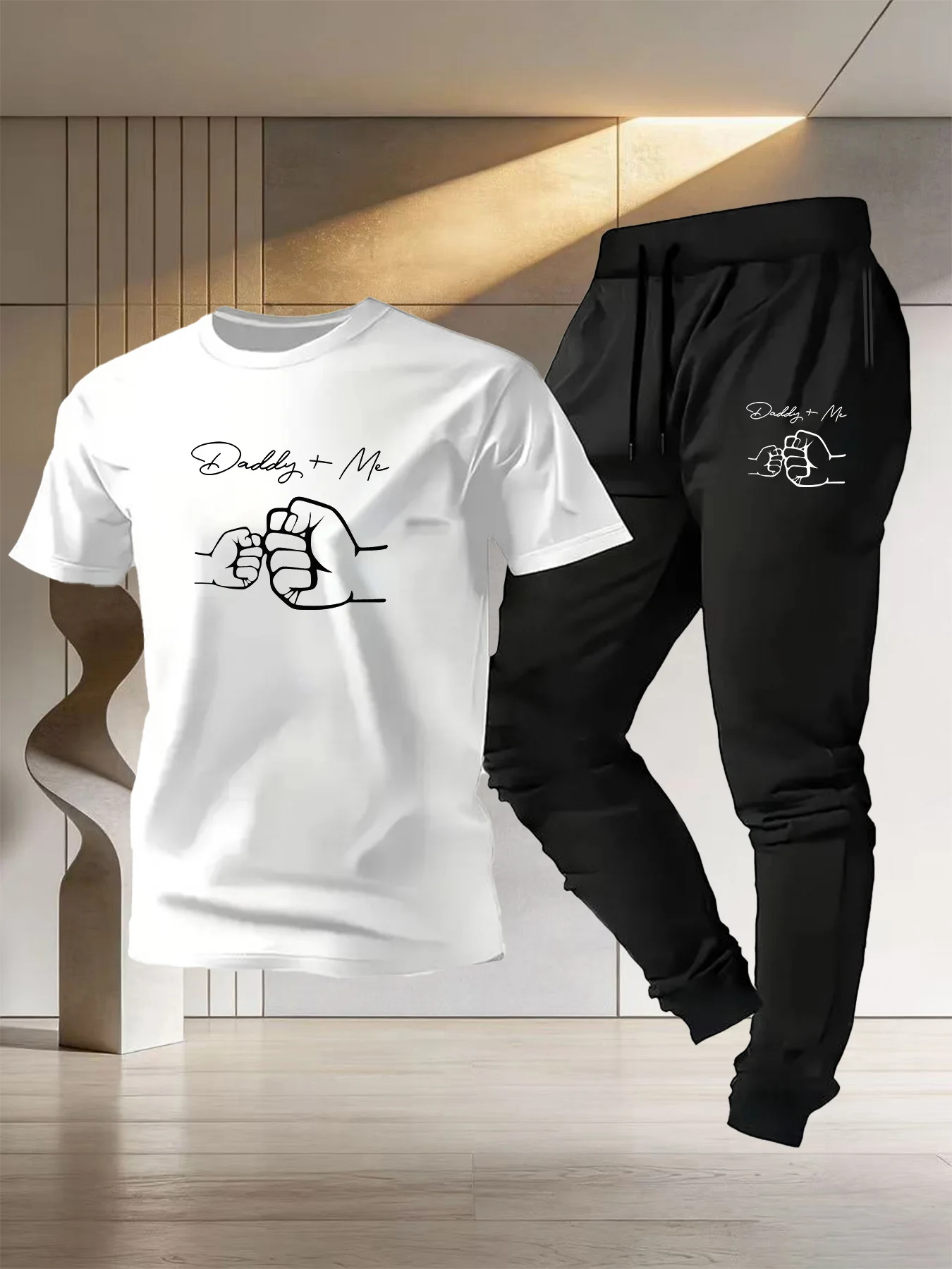 

Summer Clothing for Kids & Parents - Father and Son Pure Cotton Short Sleeve T-Shirt & Sweatpants Set with Chic Fist Print