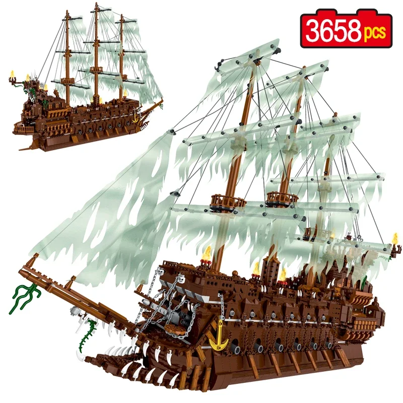 MOC The Flying Dutchman Pirate Ship Large Modular Sailing Building Blocks Sets Movie Series Bricks Model Kids Toys Boys Gifts