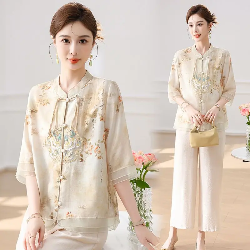 

New Chinese Summer Cotton Linen Middle Aged and Elderly Women's New Floral Short Sleeved Top