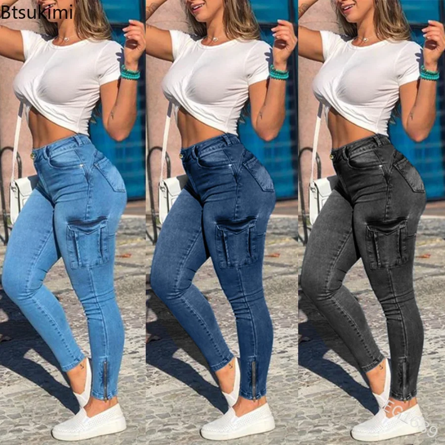 Jeans jeans magro e magro feminino, calça de cintura alta, bolsos com comprimento no tornozelo, leggings sexy, moda casual, primavera, verão, 2024