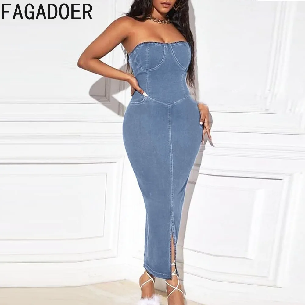 FAGADOER Spring New Off Shoulder Hollow Out Bandage Denim Tube Dresses Women Sleeveless Backless Slim Vestidos Female Clothing