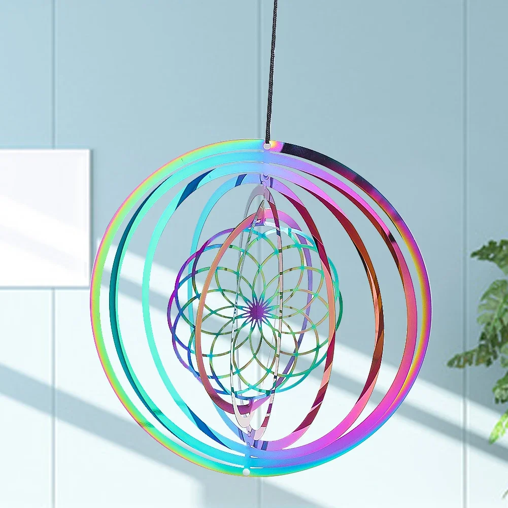 Rainbow Mandala Wind Spinner 3D Rotating Geometry Energy Flower Life Meditation Wind Chimes Pendant Fairy Garden Hanging Decor