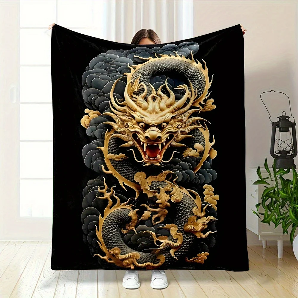 

3D Chinese Dragon Design Flannel Blanket, Soft Reversible Warm for Couch Bed Camping, Machine Washable