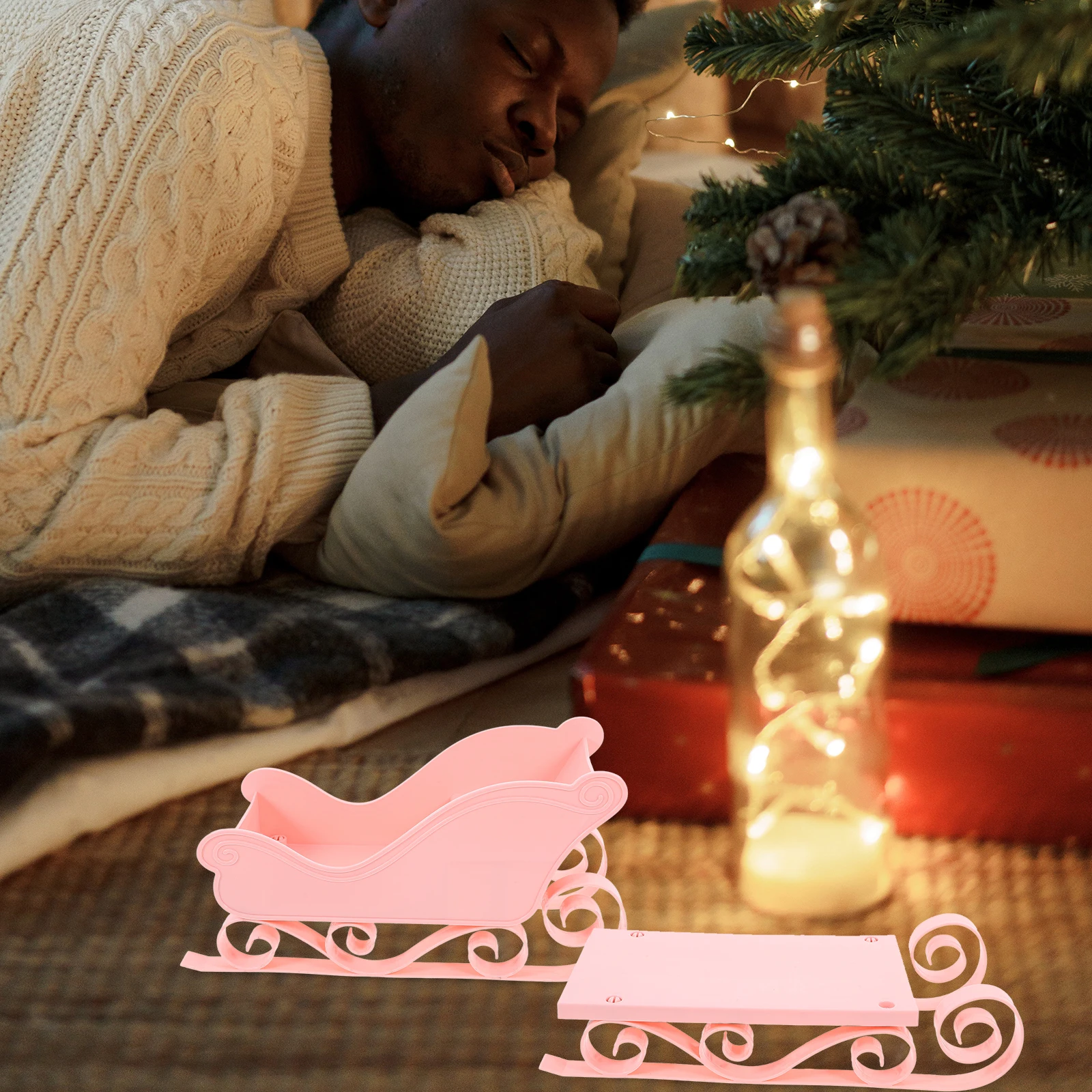 

Christmas Sleigh Ornament Miniature Desktop Sled Charm Xmas Tree Hanging Decoration Holiday Candy Holder Festive Decor