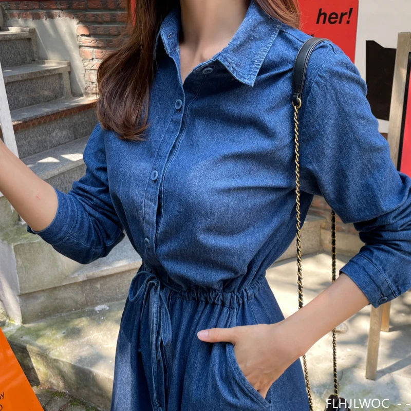 Denim Dresses New Autumn Woman Casual Cute Korea Chic Style Girls Retro Vintage Cotton Jeans Blue Button Long Maxi Shirt Dress