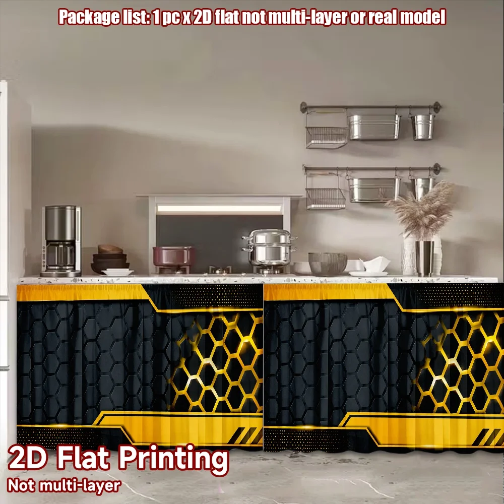 2D flat 1pc Modern minimalist shelf curtains Black Gold Hexagons Digital printing The rod-mount design makes installation