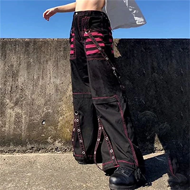 Women Gothic Cargo Jeans Wide Straight Leg Punk Grunge Baggy Pants Goth Aesthetic  Streetwear Trousers