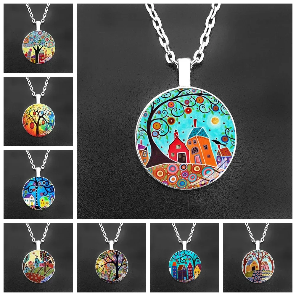 Abstract Oil Painting House and Tree Women Chain Necklace Starry Night Glass Cabochon Pendant Necklace for Women