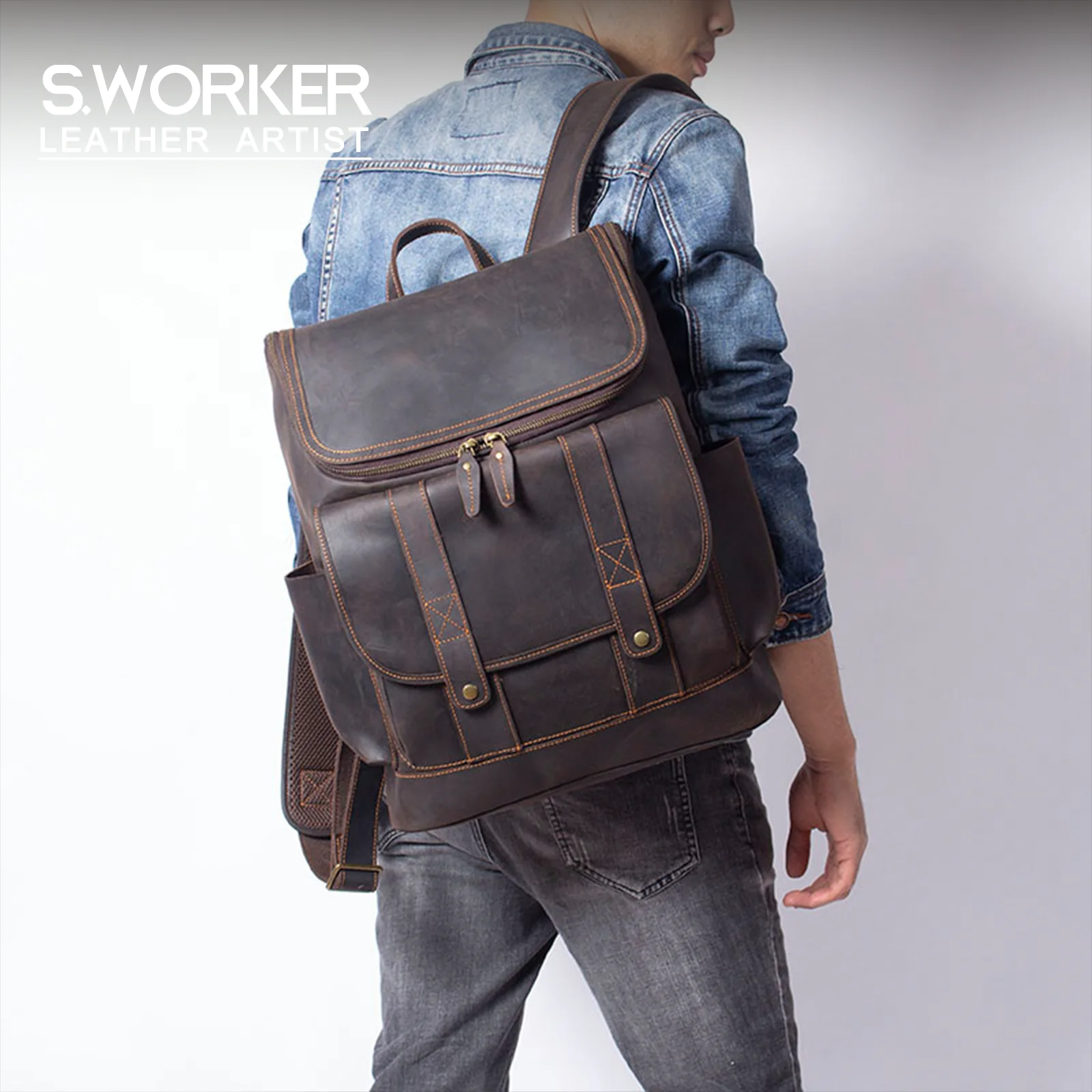 Vintage Echtleder Herrenrucksack Große Kapazität Top-Grain Leder Laptop-Umhängetasche Crazy Horse Tasche Mode für Männer – Detail 2