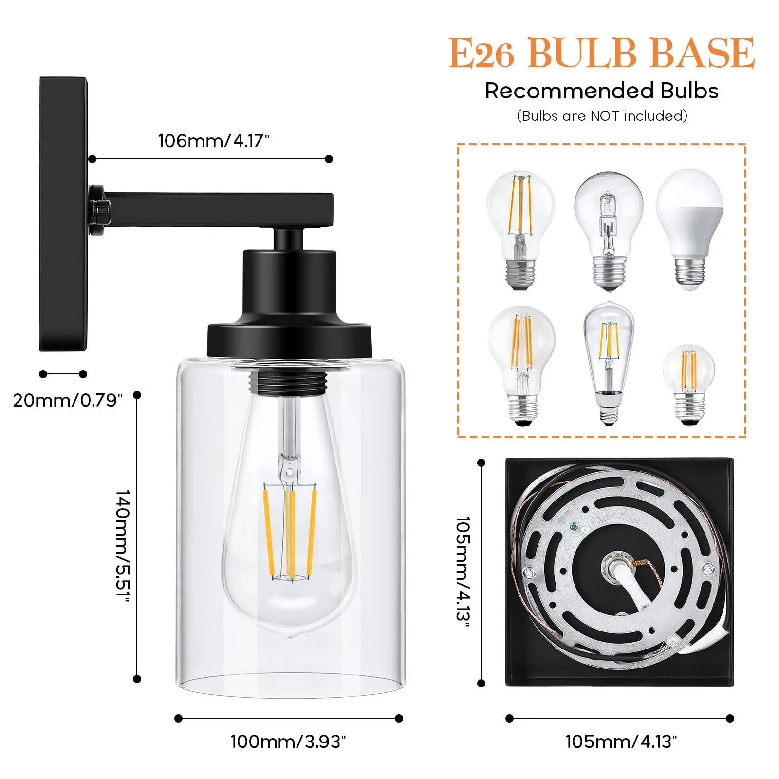 Banheiro Vanity Light Wall Sconces Conjunto de duas luminárias, Iluminação de parede de metal com sombra de vidro transparente para espelho da sala