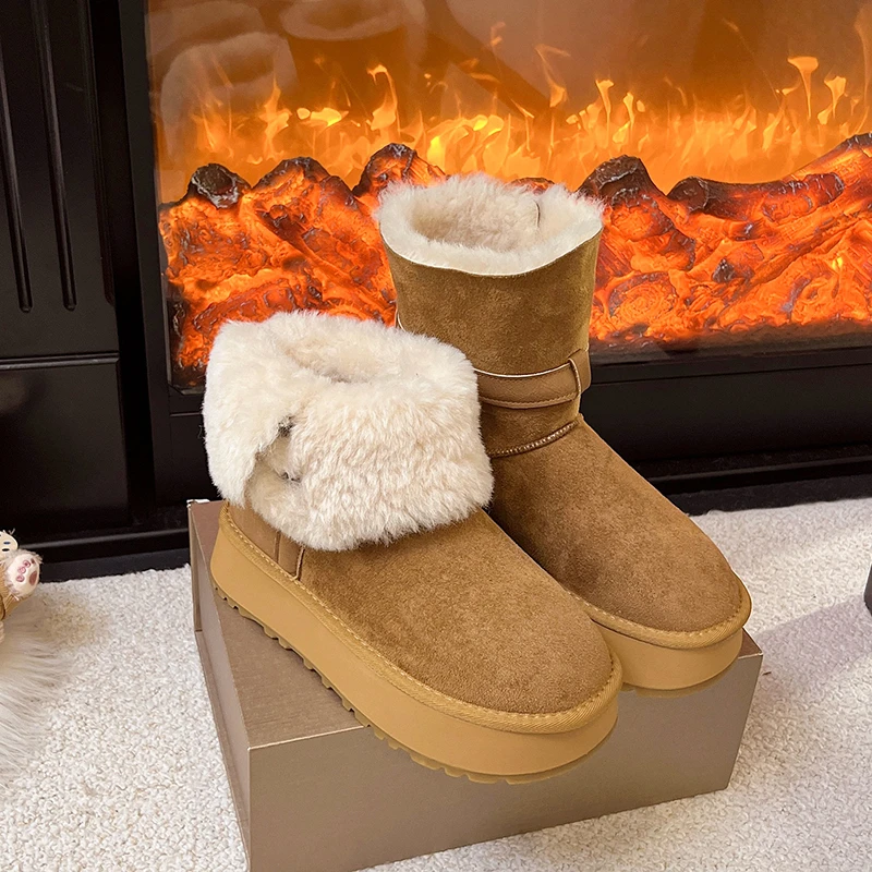 

Хлопковая обувь на платформе с пряжкой на ремне, новые зимние теплые плюшевые нескользящие зимние ботинки с круглым носком