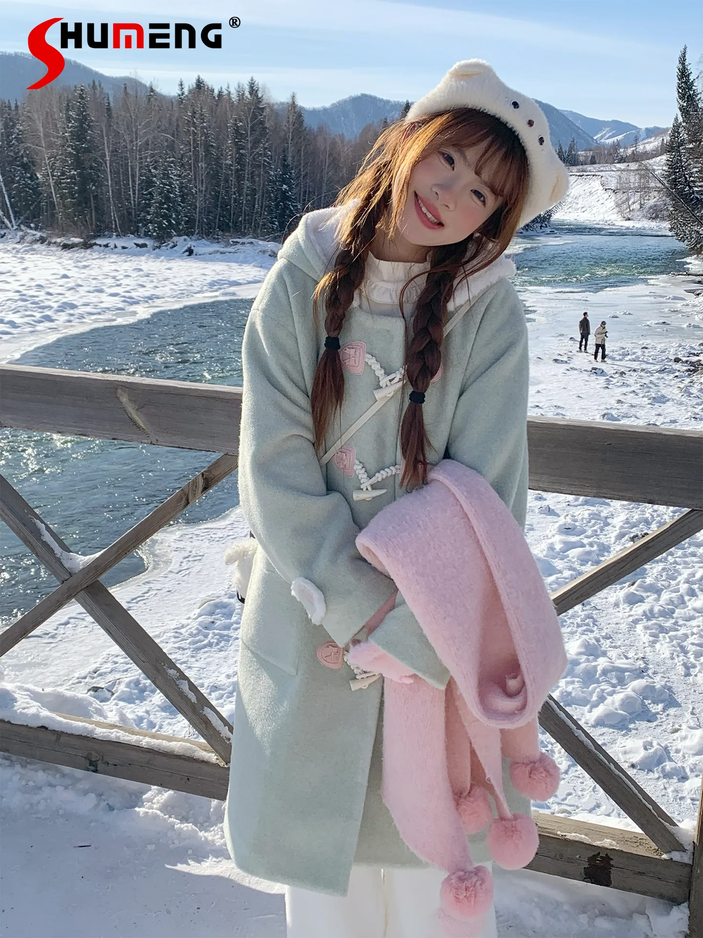 

Зимние пальто в японском стиле для милых девочек, однобортные свободные универсальные шерстяные длинные куртки с роговой пуговицей и капюшоном для женщин