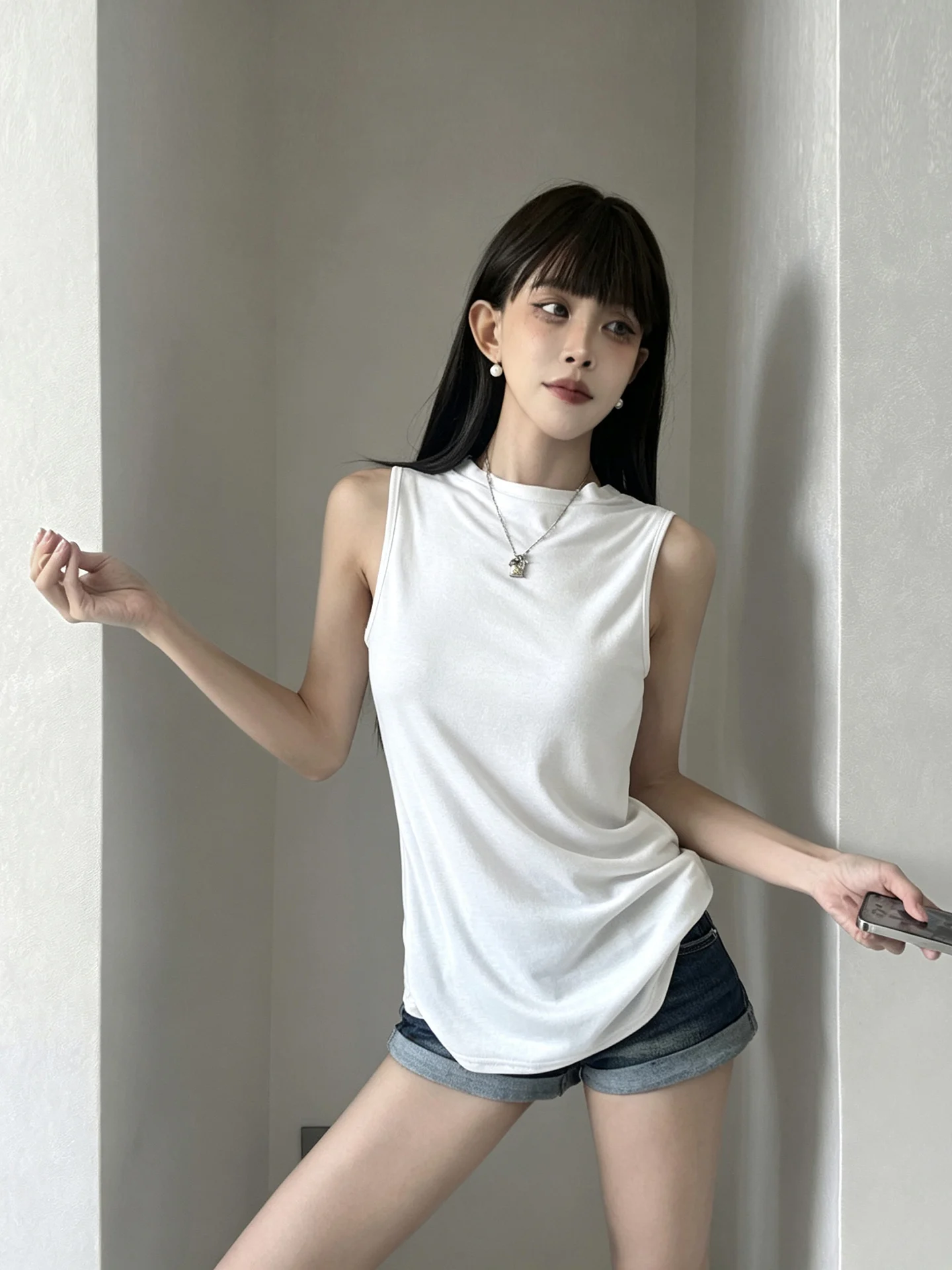 Pure Desire Sleeveless Vest Women's Design Sensation  Elegant Thin Show off Top Cotton Village Slim Fit Collar Design