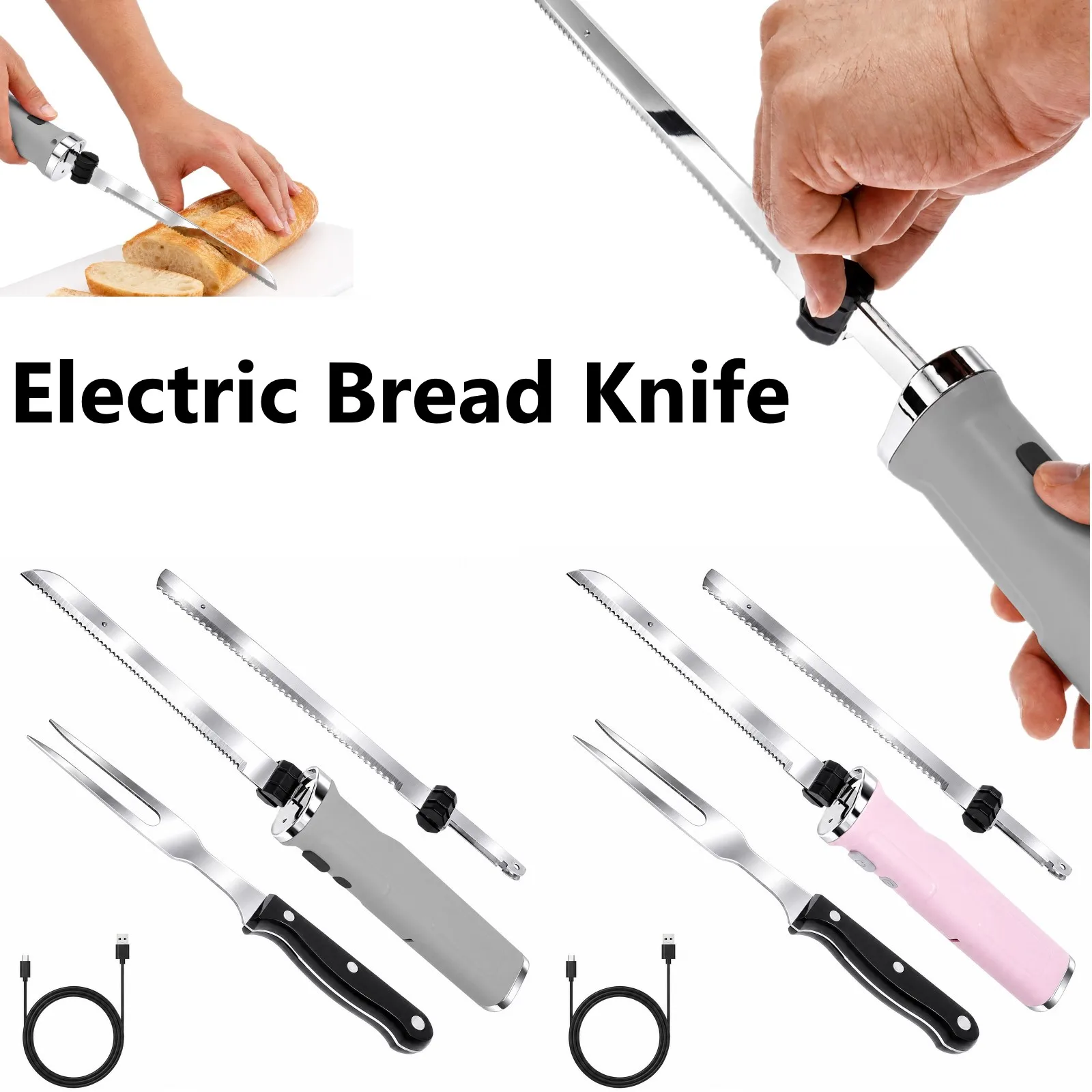 Electric Bread Knife Ergonomic Cordless Electric Carving Knife Two Stainless Steel Blade With Handle for Home Turkey Fish Bread