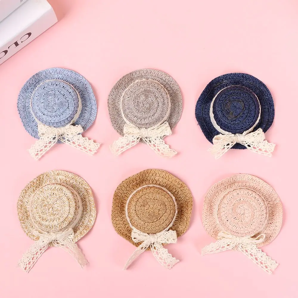 10Colors 1/12 Doll Handmade Weaved Hats Mini Lace Bow Straw Hat Dollhouse Miniature Doll House Ornament Doll Hat Accessory