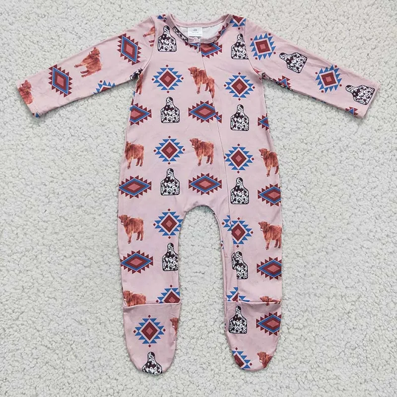 

Baby Girl Western Aztec Cow Zipper Romper Bodysuit Snap Botton Footed Pink Jumpsuit Kids Toddler One-piece Newborn Fall Coverall