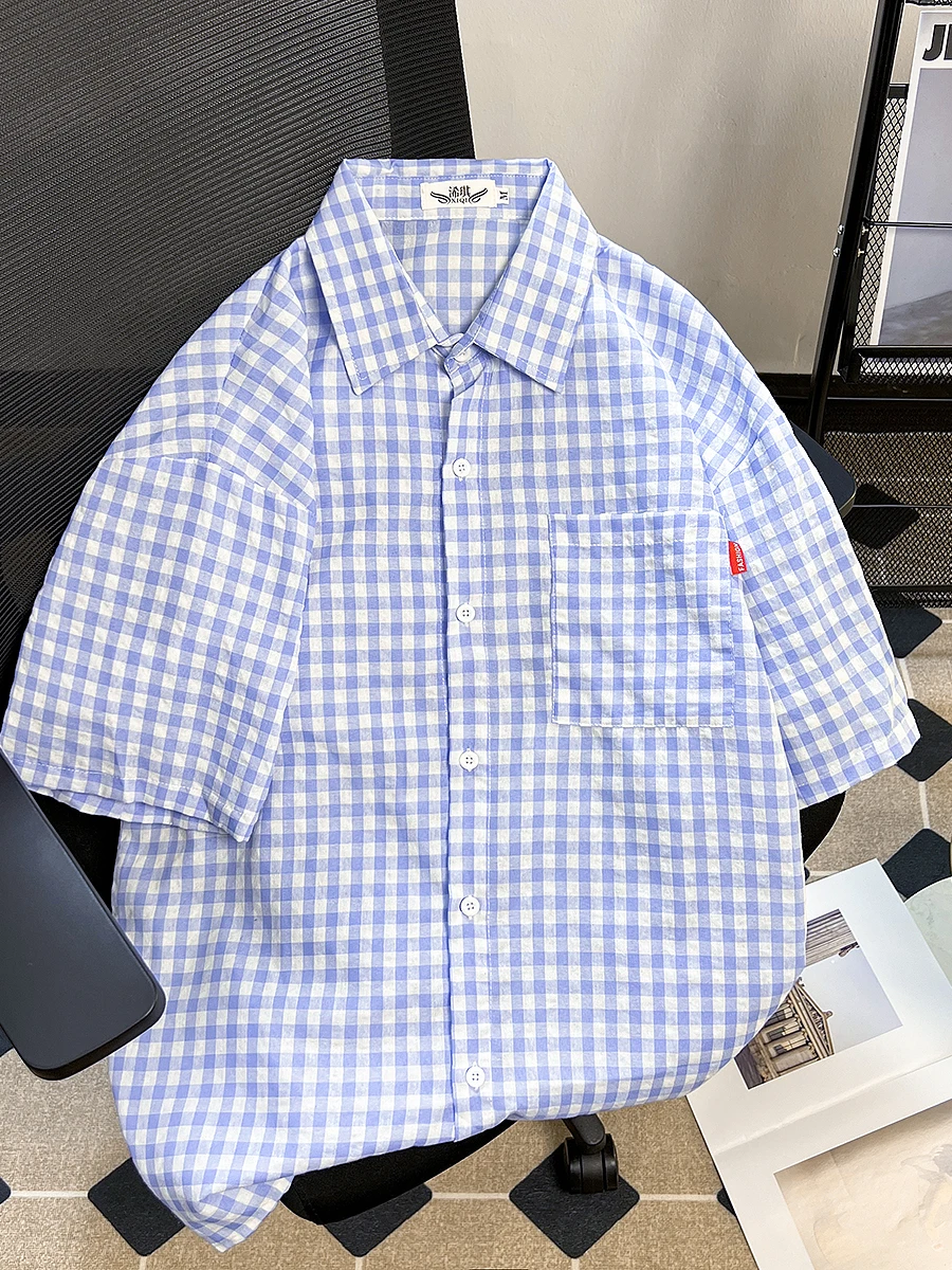 

Мужская летняя тонкая рубашка с коротким рукавом в стиле ретро, в клетку, повседневная, свободного кроя, молодежная, трендовая, с эффектом потертости на плечах, Гонконг