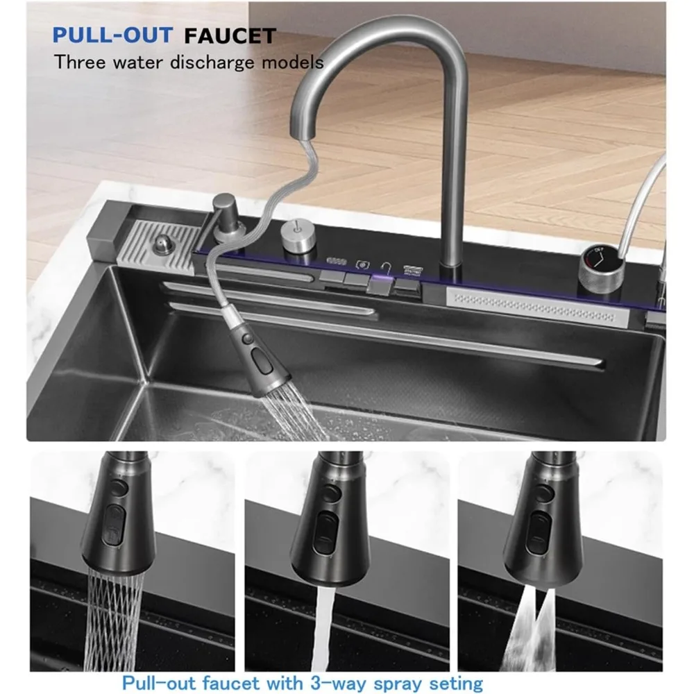 العرض الرقمي حوض مطبخ واحد تنقش الأخدود الكبير 304 الفولاذ المقاوم للصدأ نانو الأسود المطر شلال بالوعة مع الضغط