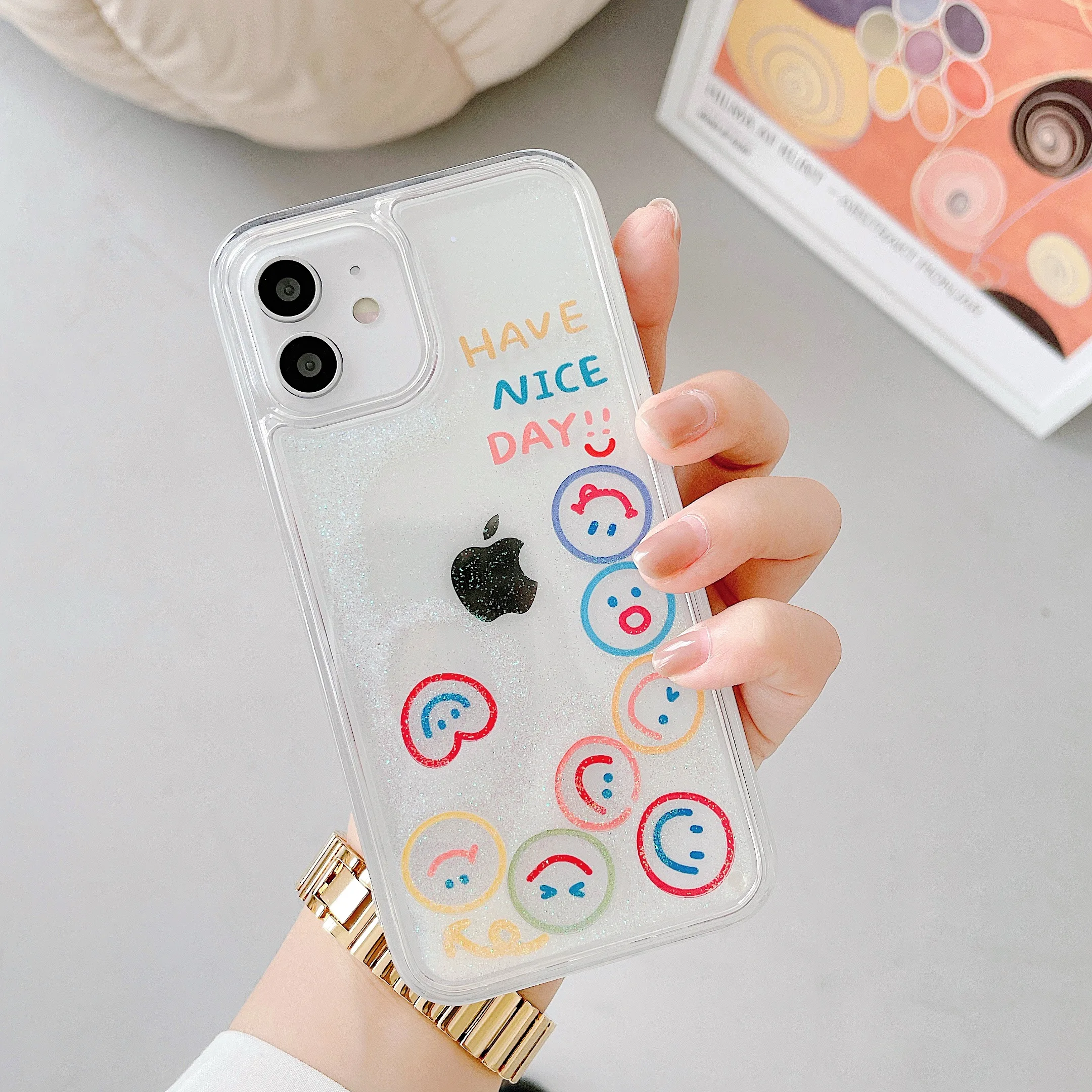 Fashion Cute Smiley Gift Liquid Quicksand Phone Case For iPhone 15 14 13 12 11 Pro Max Clear protective coque cover phone funda