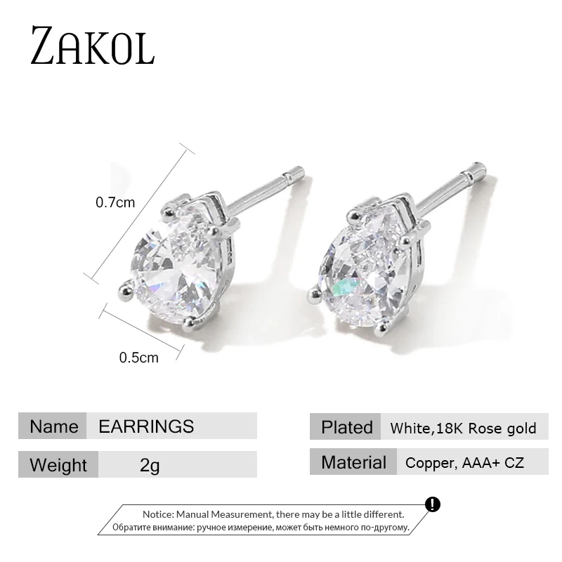 ZAKOL Fashion Water Drop Zircon Stud Earrings White Color Statement Earring for Woman Girls Jewelry Accessories Gift FSEP2546