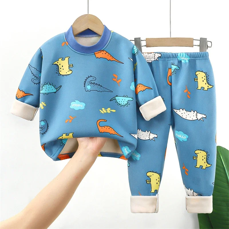 2023 Autumn Winter Kids Thick Warm Pajamas Baby Boys Girls Cartoon Long Sleeve Round Neck Pyjamas Toddler Sleepwear Clothing Set