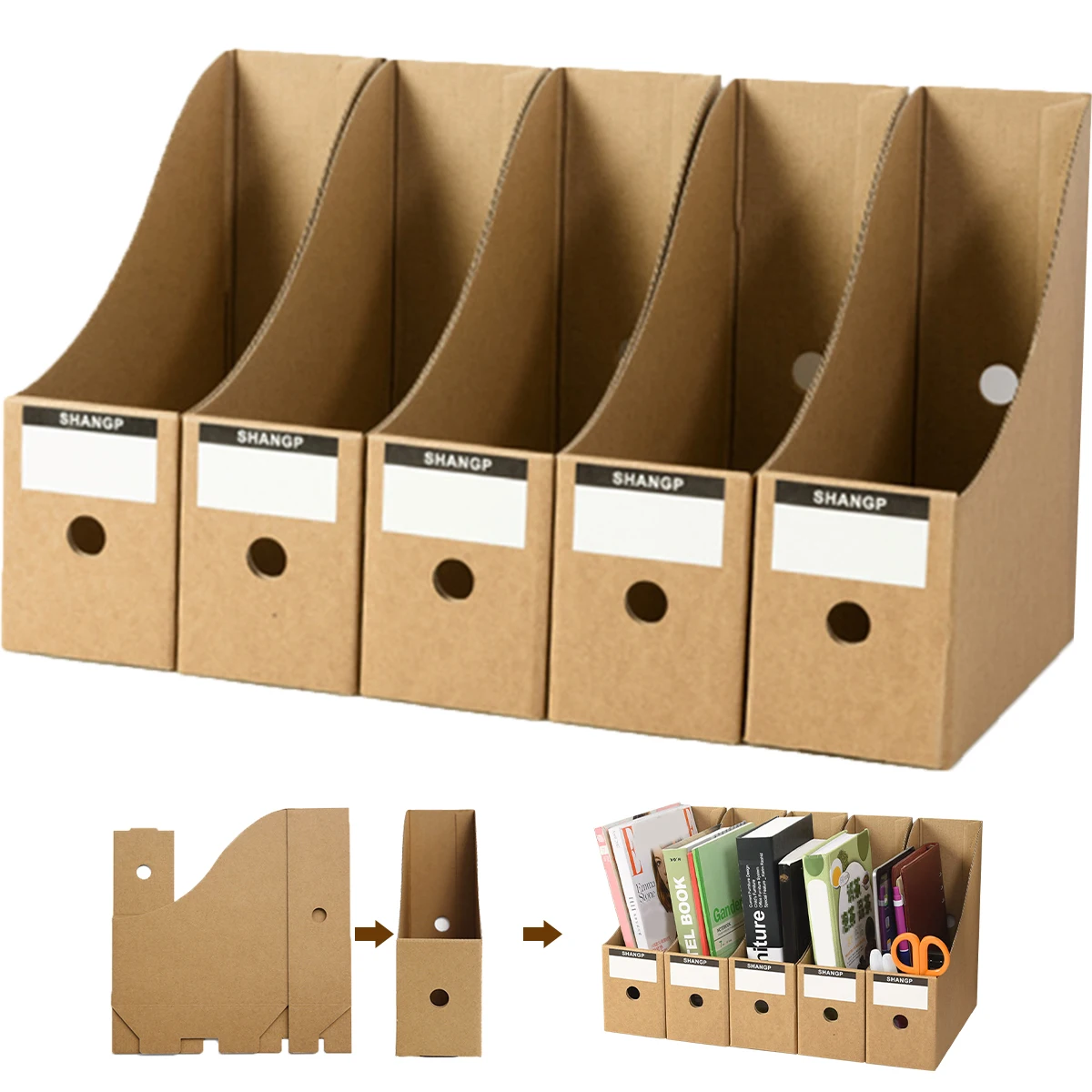 5 Packs Magazine File Holder Foldable Office Desktop File Organizer with Blank Label Stickers Book Storage Box for School Office