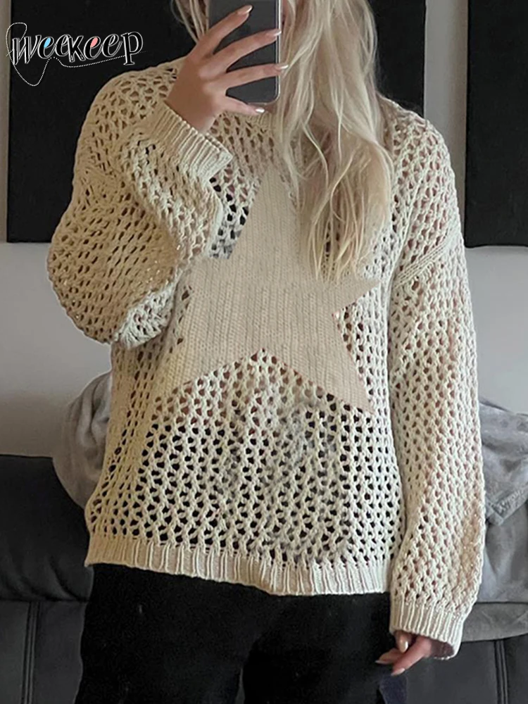 Gothic Crochet Star Sweater Pullovers Oversized Loose Holes Knitted Jumper Smock Y2k Harajuku Streetwear See Through Top Sweater