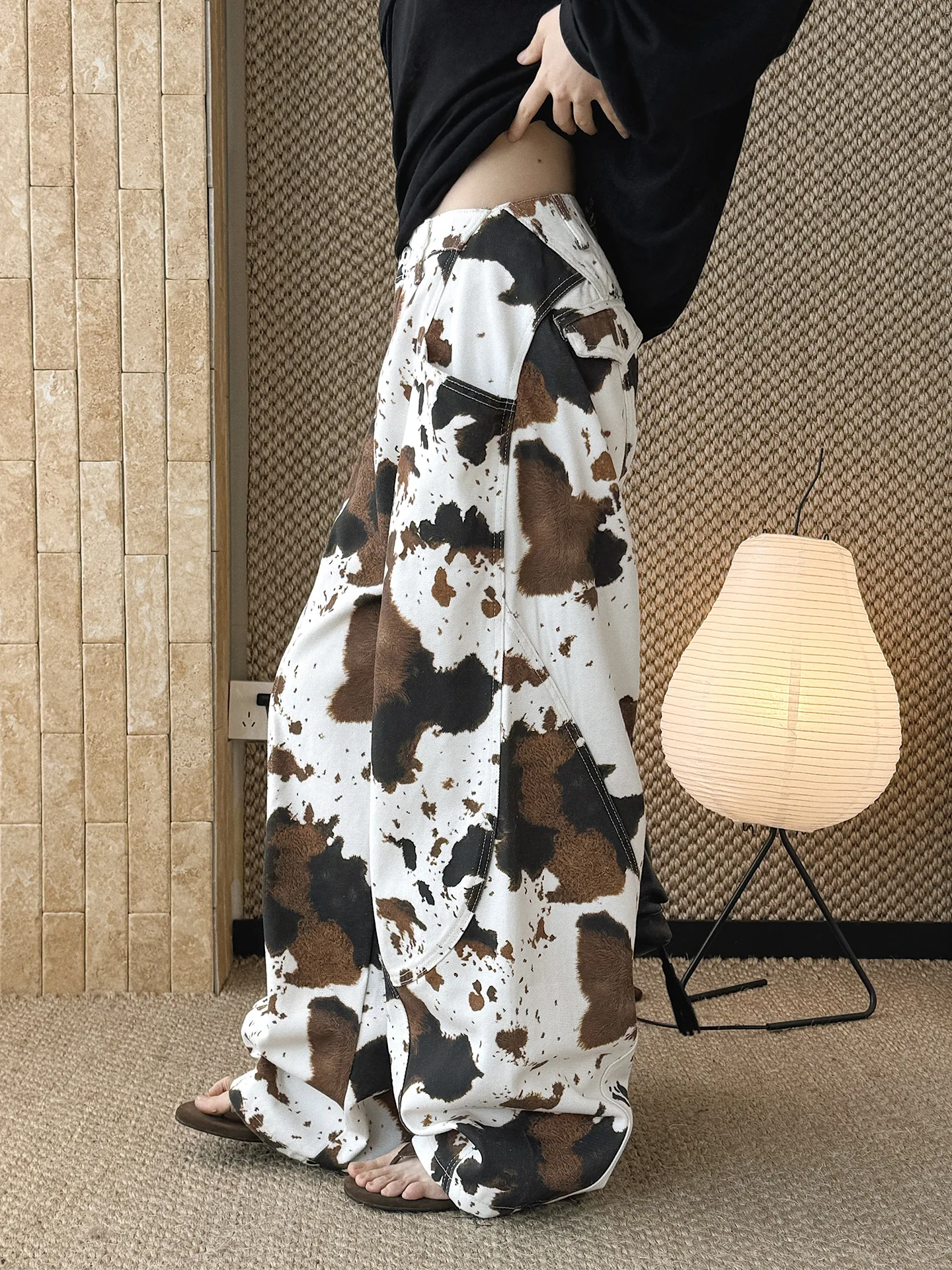 Women's High-Waist Cow Print Wide-Leg Jeans