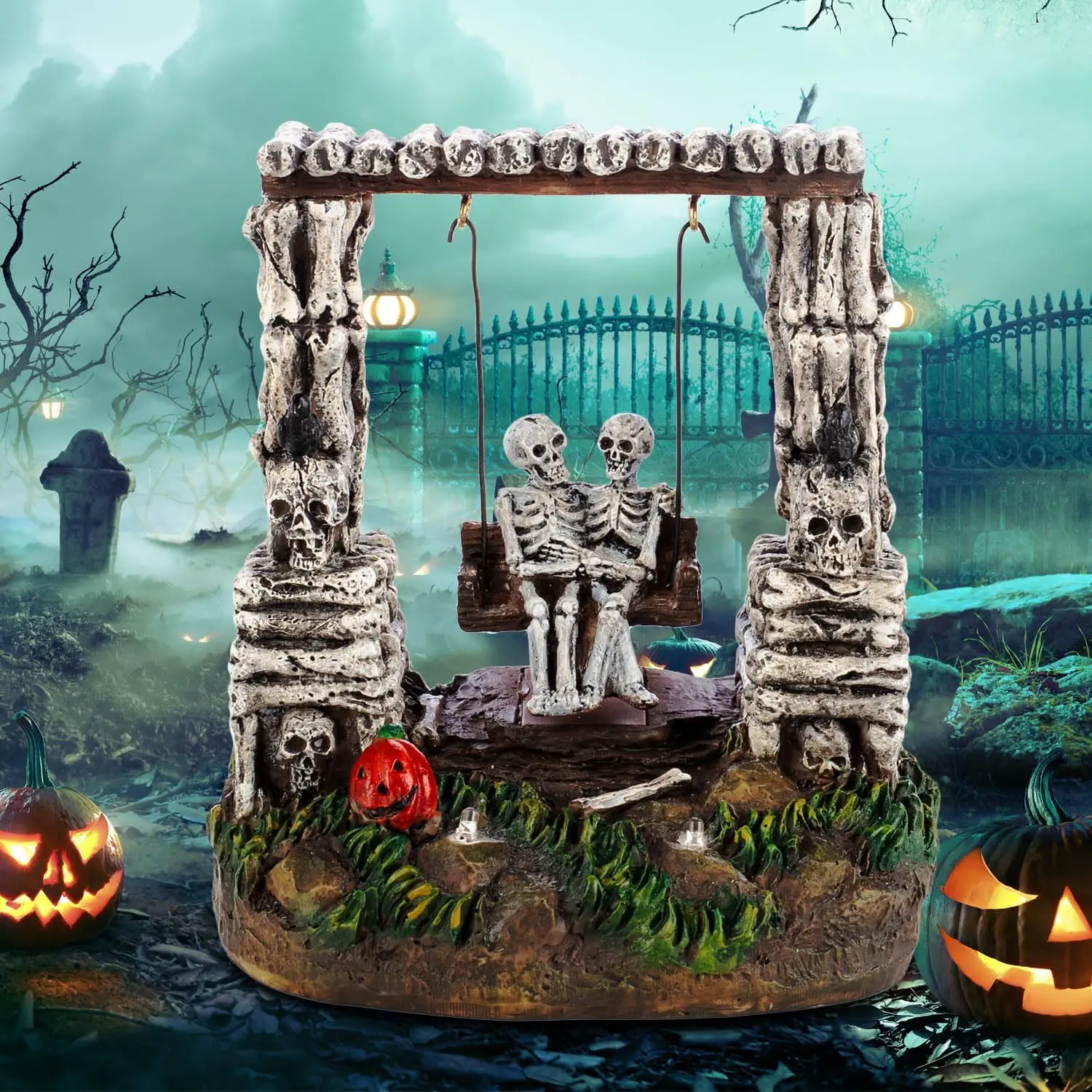Halloween-Deko: Schwingendes Skelett-Paar, LED-beleuchtete Grusel-Dorf-Statue, animiertes Geisterfest-Tischdekor – Detail 5