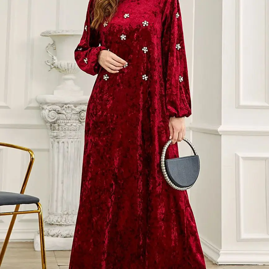 Vestido modesto de invierno abaya dubai de lujo Falda larga de terciopelo rojo oscuro ropa islámica sólida bata árabe invierno uae abayas BA717