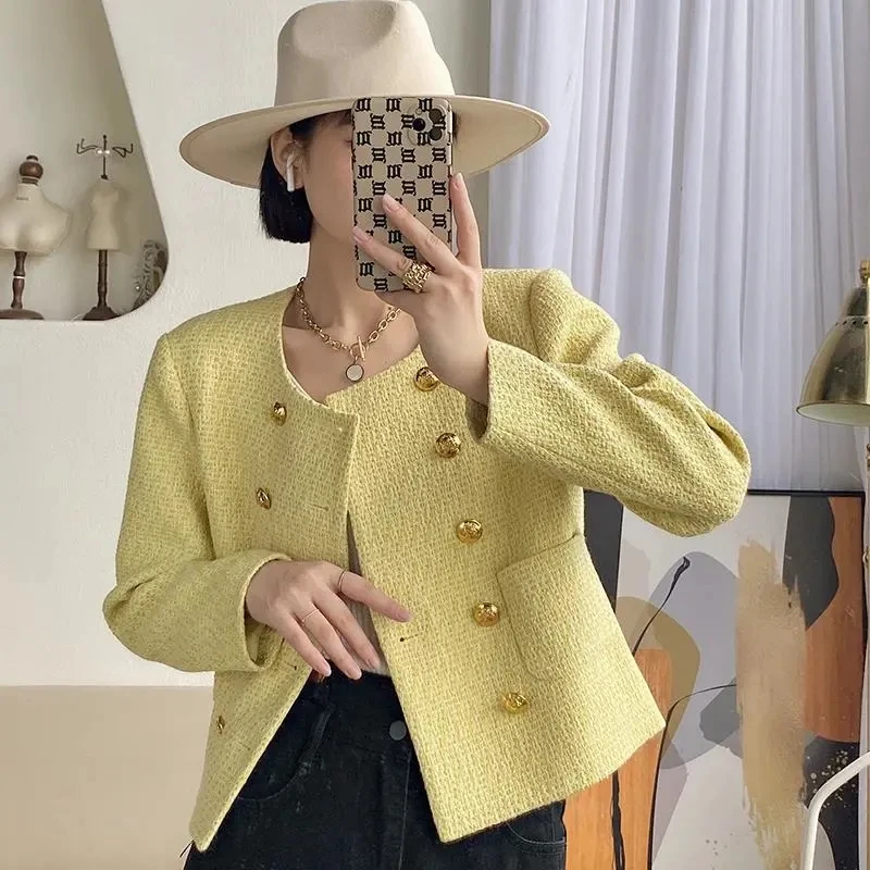 2022 New Elegant Double Breasted Yellow Tweed Jacket For Women Vintage O Neck Long Sleeve Cropped Coat Luxury Designer Outerwear