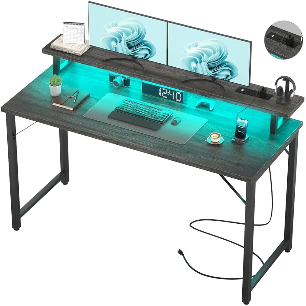 

Computer Desk With Usb Power Outlets And Led Lights, 55 H Gaming Desk With Monitor Stand For Small Space Home Office, Modern