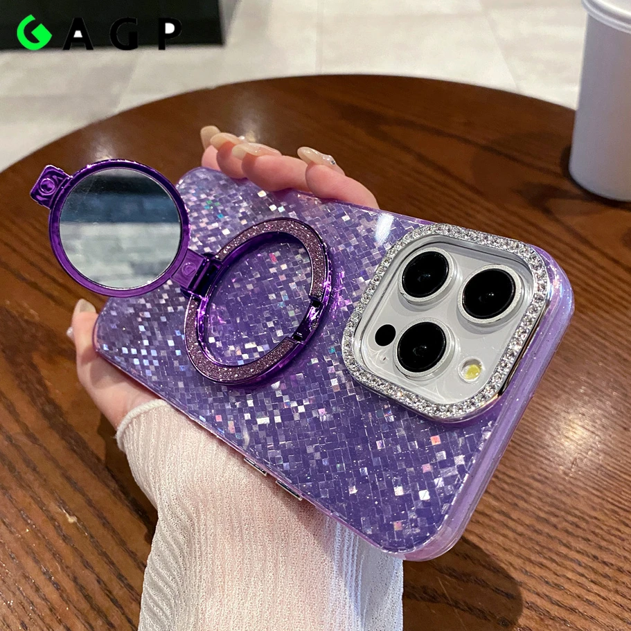 Mirror 15pro Max Case Mosaic Patterned Magsafe Bracket Holder Glitter For iPhone 15 14 13 12 11 Pro Max Wireless Charging Cover