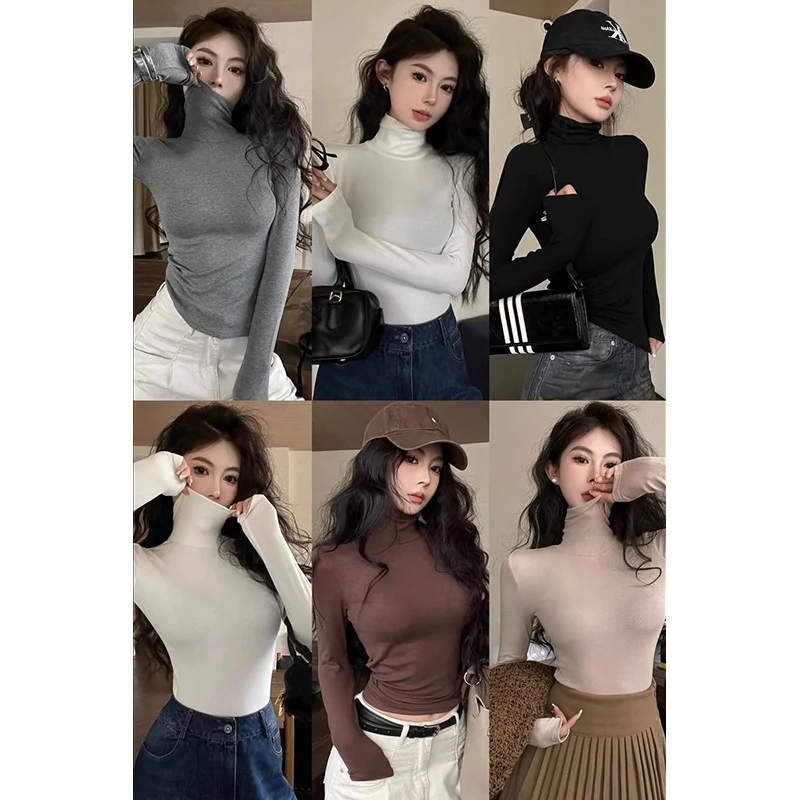 

Autumn Winter Women High Collar Solid Tops Female Korean Thermal Long Sleeve Clothes Girls Comfortable Elastic Pullovers