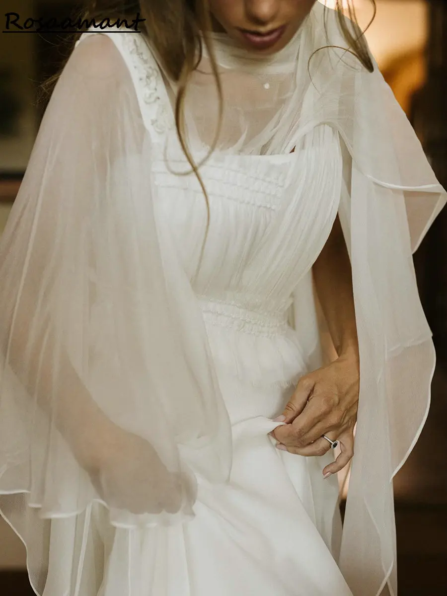 Newest Crystal Beading A-Line Wedding Dresses With Cape Chiffon Pleat Boho Country Bridal Gowns