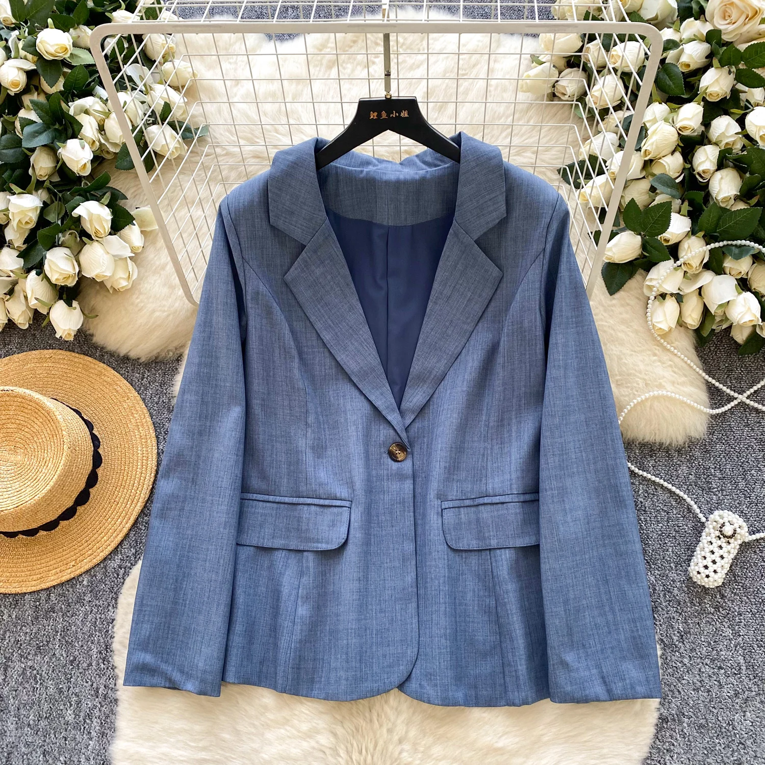 

SuperAen Women 2026 Autumn New Korean Style Office Lady Single-buttoned Cardigan Loose Casual Suit Fashion Blue Coat