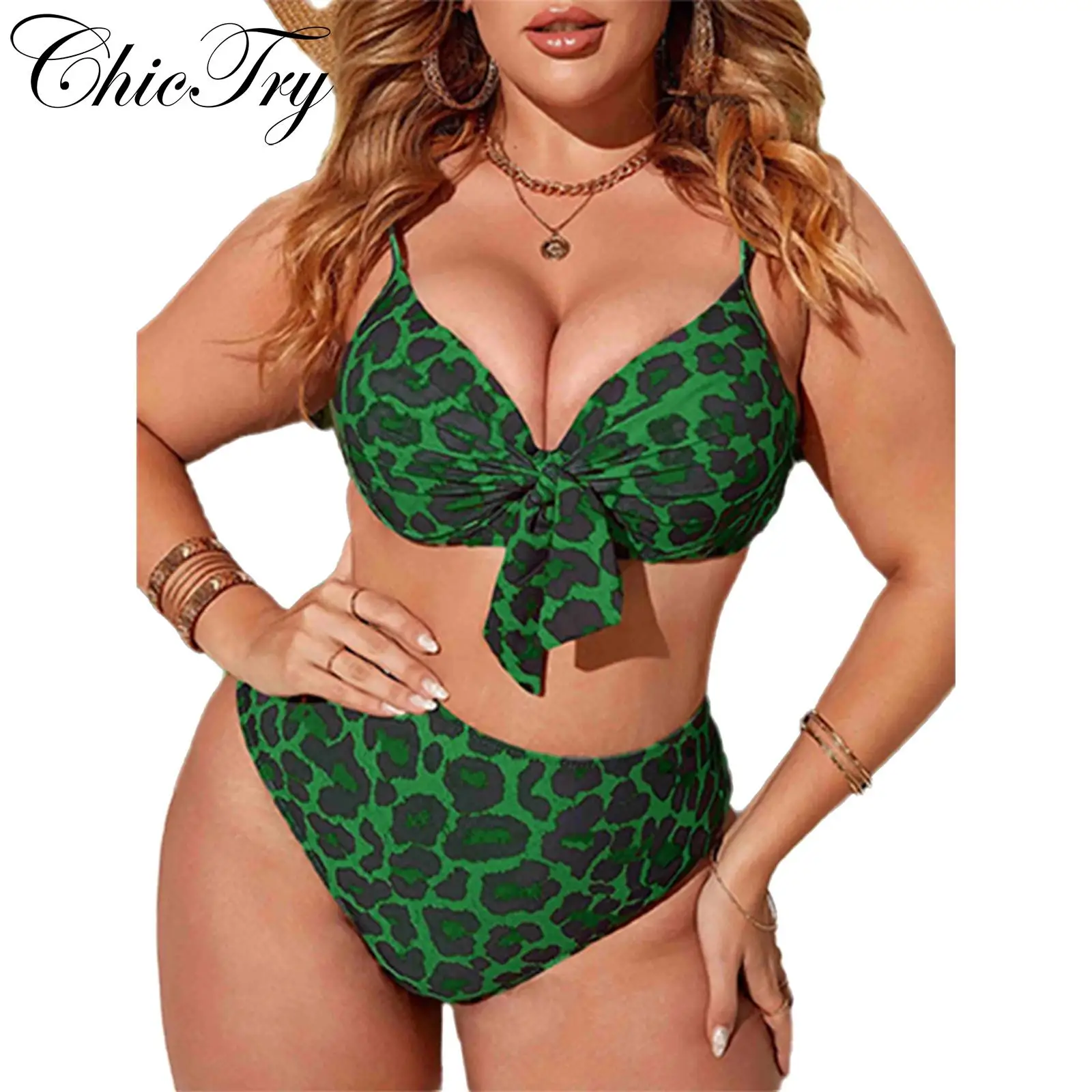 

Womens Leopard Print Bikini Swimwear Front Tying Knot Bra Tops and Bikini Briefs Bathing Suit Beachwear Sunbathing Travelling