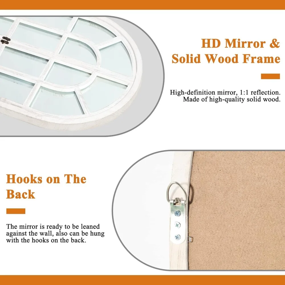 Espejo de pared estilo ventana arqueada, 36x24 pulgadas, marco de madera, estilo granja, arte decorativo de pared para el hogar