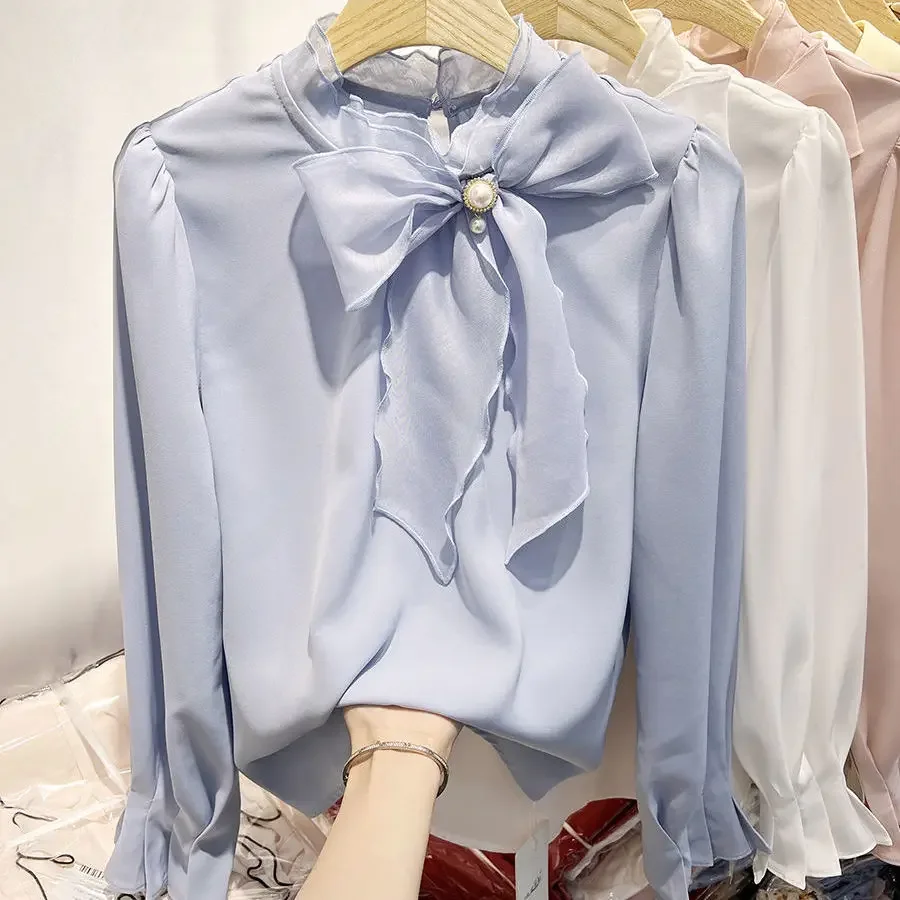 

Новый корейский темперамент, сплошной цвет, воротник-стойка, шнуровка, пуловер с бантом, шифоновая блузка с длинными рукавами, женская одежда, рубашки XT871