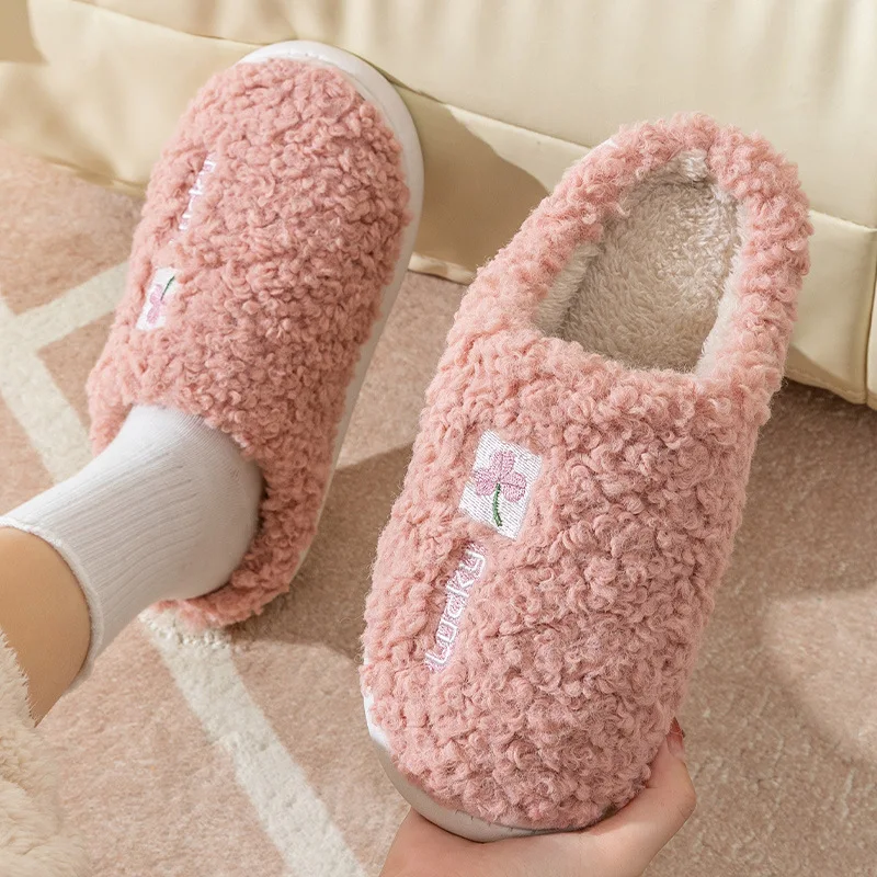 Women Warm Fur Slippers Indoor Home Shoes Couples Fluffy Cotton Slides Soft Plush Anti-slip Female Male House Bedroom Footwear