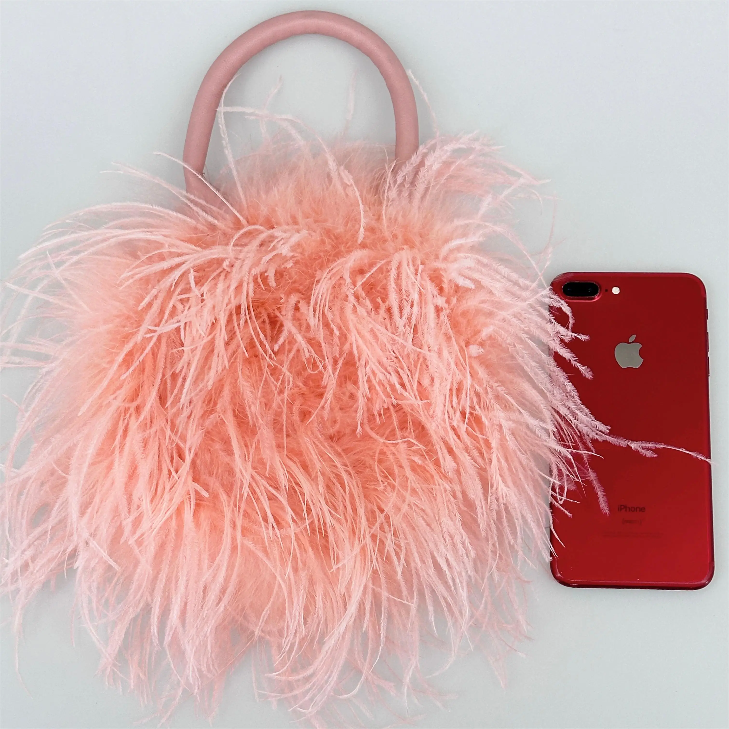 2024 Popular Color peach fuzz  Natural Ostrich Feather Mini Handbag  Furry Fluffy Women Change Purse For party