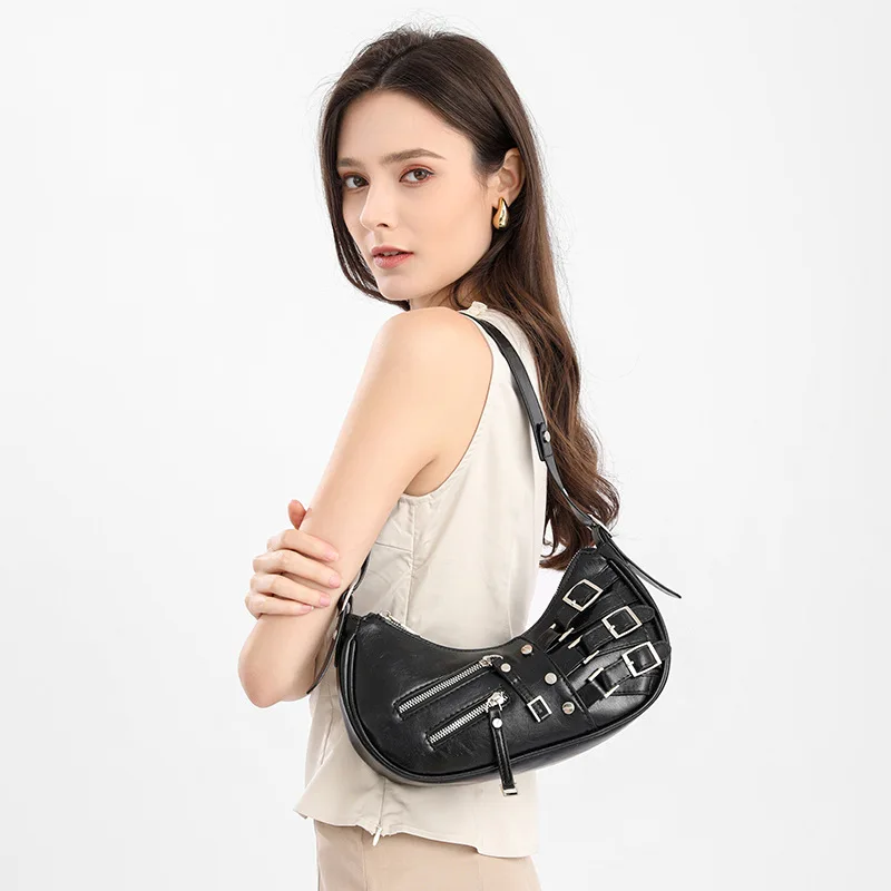 Women New 2024 Niche Design American Vintage Edgy Multicolor Leather Underarm Shoulder Top Handle Bag Daily Street