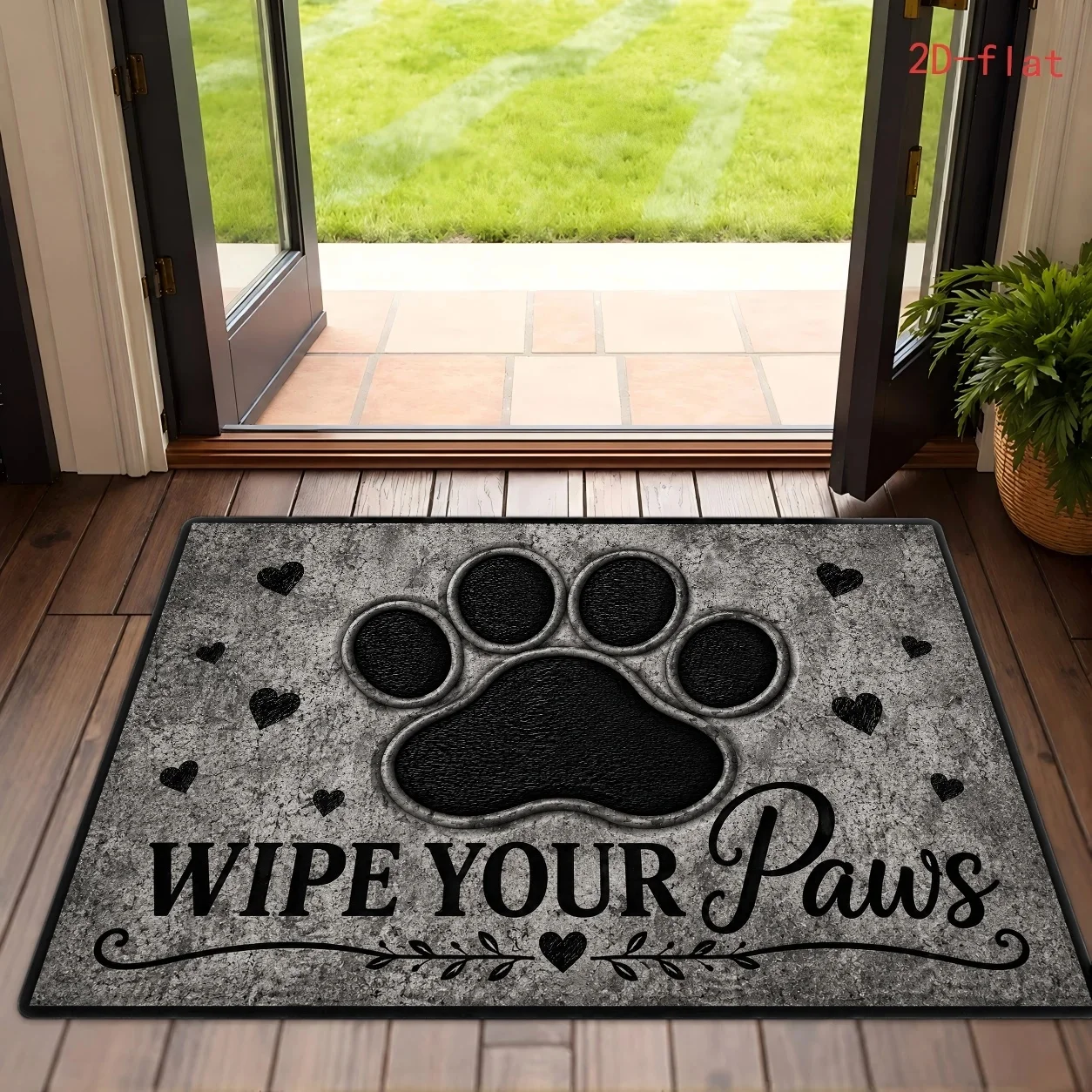 Outdoor Welcome Mat Mottled Industrial Grey Printed Carpet Giant Black Dog Paw Stamp Wipe Your Paws Letters for Entrance